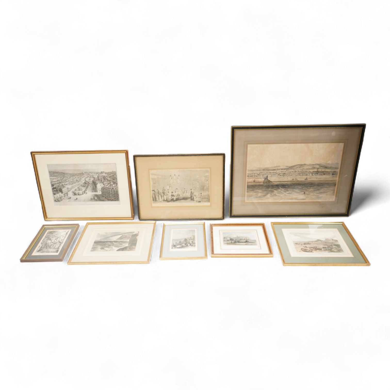 A collection of 19th century and later prints, some Brighton interest to include: Summer's evening at the Royal Marine Library, Brighton, The Lanes and other views of Worthing, Hastings and near Beachy Head, largest 35 x